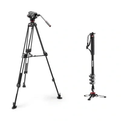 Abbildung von Manfrotto 504X Fluid Videokopf mit Doppelrohr Videostativ 645 Fast Twin Alu, für spiegellose Kameras, Camcorder und Video Einbeinstativ XPRO+, Alu 4 Segmenten Sockel