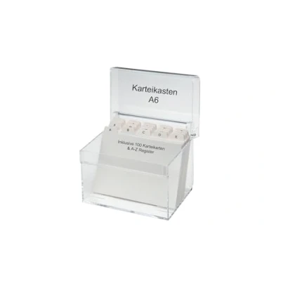 Abbildung von MAUL Karteikasten A6 aus Acryl Kartenbox inkl. 100 Karteikarten und A Z Register Elegante Karteikartenbox zum Vokabeln lernen Visitenkartenbox für Schreibtisch Transparent