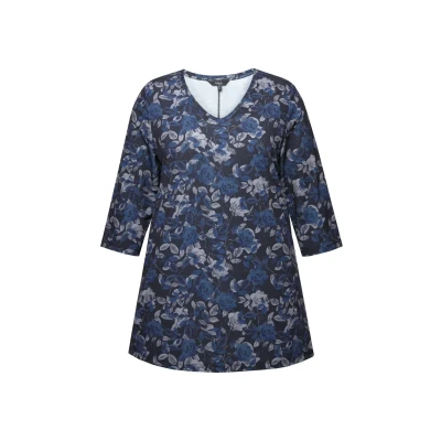 Abbildung von Ulla Popken Vneck Floral Print Langarmshirt, Damen, Größe: 46/48, Black