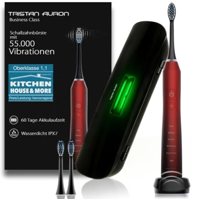 Abbildung von Tristan Auron Schallzahnbürste mit 55.000 Schwingungen 60 Tage Akku 5 Putzmodi UV Reiseetui 4 soft und 2 medium Bürstenköpfe Min. Timer Elektrische Zahnbürste Business Class (Rot)