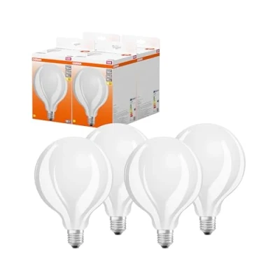 Abbildung von OSRAM LED Star GLOBE125, matte Filament Lampe in Globe Form mit 125mm Durchmesser, E27 Sockel, Warmweiß (2700K), 2452 Lumen, Ersatz für herkömmliche 150W Glühbirnen, 4er Pack