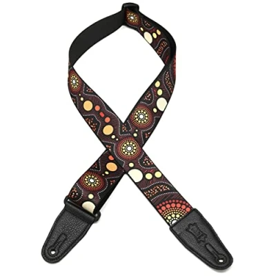 Abbildung von Levy&#039;s Leathers 2&quot; Unisex Gitarrengurt aus Poly mit Down Under Series Sunset Design und schwarzen Lederenden, verstellbar von 35&quot; bis 60, Standard