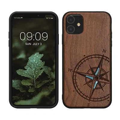 Abbildung von kwmobile Hülle kompatibel mit Apple iPhone 11 Holz Case Handy Cover TPU Handyhülle in Dunkelbraun Vintage Kompass Perlmutt