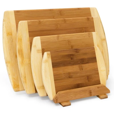 Abbildung von relaxdays Schneidebrett Bambus 4er Set mit Ständer,