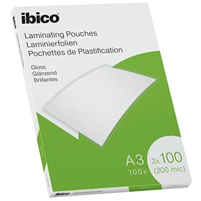 Abbildung von Ibico Laminierfolien A3 200 Mikron (2 x 100 mic), Stück, Glänzende Heißlaminierfolien, Abgerundete Ecken, Ideal für Zeichnungen und Plakate, Transparent, Kristallklar, 627320