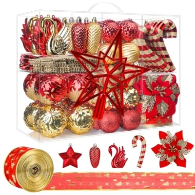 Abbildung von Alupssuc 128 Teiliges Weihnachtskugel Ornament Set, Bruchsichere Christbaumschmuckkugeln, Weihnachtsblumen, Hochzeitsfeiern mit Haken, Rot &amp; Gold