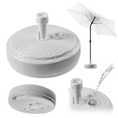 Abbildung von KADAX Sonnenschirmständer, Runder Schirmständer, Schirmhalter befüllbar mit Sand Wasser oder Kies, Ständer aus Kunststoff für Garten, Terrasse, Strand (Version 2 Rund, Weiß)