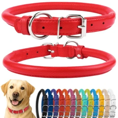 Abbildung von CollarDirect Rundes Leder Hundehalsband, weich gepolstert gerollt, handgefertigtes Echtleder Halsband für Hund Welpe Katze Klein Groß Schwarz Rosa Rot Lila Blau