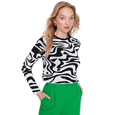 Abbildung von TRENDYOL Damen Pullover mit Rundhalsausschnitt und Tiermuster Sweatshirt, Natur, L
