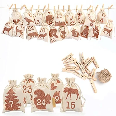Abbildung von Papierdrachen 24 Adventskalender Stoffsäckchen zum Befüllen mit Glitzerdruck Stoffbeutel selber Dekorieren Geschenksäckchen Waldtier Glitzer Set Nr 25