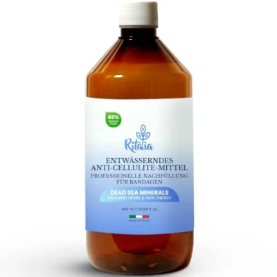 Abbildung von 500 ml FLÜSSIGKEIT FÜR ANTI CELLULITE BANDAGEN von Ritalia® Totes Meer Salz und Wirkstoffe 100% VEGAN DRAINIERENDE Reduzierende Schlankmachende Festigende Wirkung (Flüssigkeit nachfüllen)