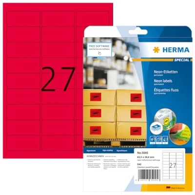 Abbildung von HERMA 5045 Farbige Etiketten Neon rot, 20 Blatt, 63,5 x 29,6 mm, 27 pro A4 Bogen, 540 Stück, selbstklebend, bedruckbar, matt, blanko Papier Farbaufkleber