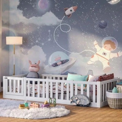 Abbildung von Bellabino Kinderbett Tapi (Bodenbett mit Rausfallschutz und Lattenrost, weitere Größen 70x140, 80x160, 120x200, 140x200 cm), weiß Kiefer 90 x 200 cm, Tür
