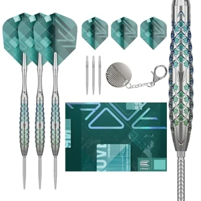 Abbildung von Target Darts Rove Swiss Point Steeldarts, 90% Tungsten Dart Set, Barrel 02 25G Steeldarts Grün &amp; Silber Darts, Profi Set mit Points Tool