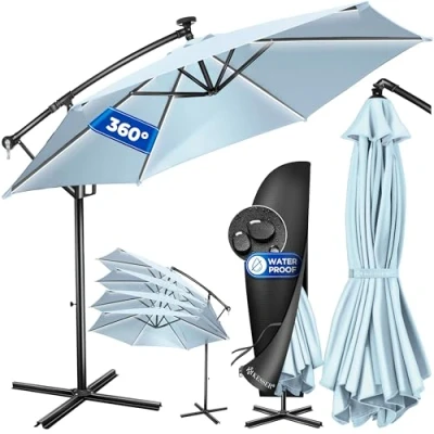 Abbildung von KESSER® Alu Ampelschirm LED Solar Inkl. Abdeckung Fernbedienung &amp; Kurbelvorrichtung Kurbelschirm mit Ständer 360 Funktion UV Schutz Aluminium Wasserabweisend (Hellblau, 350cm)