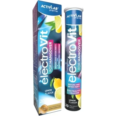 Abbildung von Activlab ElectroVit GEGEN KATER Post Party Unterstützung mit Glukose, Elektrolyten und Pflanzenextrakten, 20 Brausetabletten, Zitronengeschmack, Natrium, Kalium, Zink, Magnesium, B6, Vitamin C