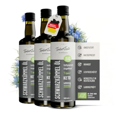 Abbildung von Schwarzkümmelöl bio kaltgepresst, 1500 ml, naturrein, 4600 mg/kg Thymochinon Gehalt, Nigella Sativa, Ägyptisches Schwarzkümmelöl, Black Seed Oil 3 x 500 ml