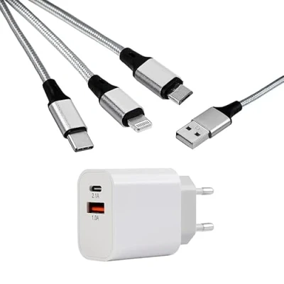 Abbildung von MUTTO USB C Ladegerät, 10 W, Netzteil, mit Typ und A+ 3 in 1 Multi Ladekabel, Universal auf Micro USB/USB C/Lightning