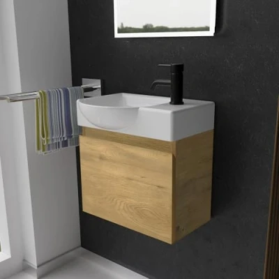 Abbildung von Alpenberger Badmöbel Set Gäste WC Waschbecken mit Unterschrank 45 cm Breit, (Badschrank 2 tlg., Waschtisch hängend), Waschbeckenunterschrank Softclose Eiche Natur Links Becken