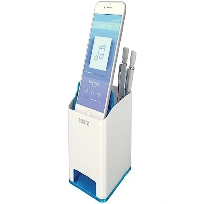 Abbildung von Leitz Sound Stifteköcher mit Soundverstärkungsfunktion, Stiftehalter inkl. Smartphone Fach Weiß/Blau, Duo Colour, WOW, 53631036