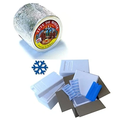 Abbildung von Tete de Moine Käse Schweiz AOP Classic 850g für Girolle KÜHLBOX Versand mit Styroporbox und Spezialkühlakku Lebensmittelversand