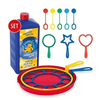 Abbildung von PUSTEFIX Seifenblasen Set für Kinder 10 Blasringe + 1000 ml Seifenblasenwasser, Bunte Bubbles Made in Germany, Spielzeug Hochzeit, Kindergeburtstag, Polterabend