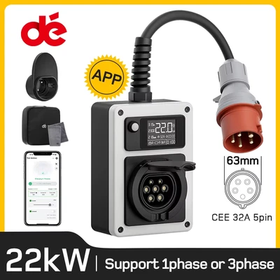 Abbildung von dé Wallbox 22kW 32A EV Charger mit CEE Stecker und Typ 2 Steckdose, Mobile Ladestation Stromzähler, RFID Karte für ID.4 ID.5, Model Y, 3, e up, tron, Zoe andere PHEV