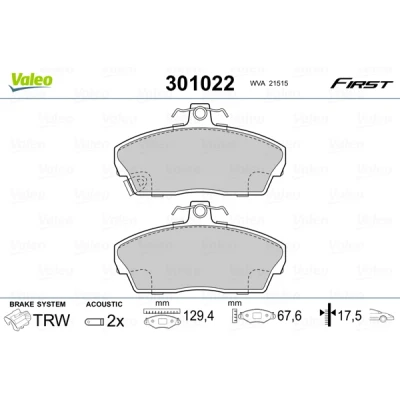 Abbildung von VALEO 301022 Bremsbelagsatz FIRST Vorderachse inkl. Verschleißwarnkontakt ohne Anti Quietsch Blech HONDA: CIVIC 7 Hatchback, 6 Hatchback