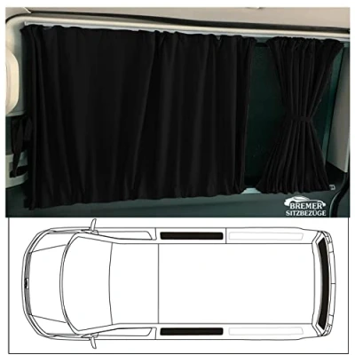 Abbildung von BREMER SITZBEZÜGE Maß Gardinen Vorhänge Sonnenschutz kompatibel mit VW T5 T6 T6.1 Transporter Caravelle Kurzer Radstand nur für Schiebetür gegenüber und Heckklappe 3 Fenster Set in Schwarz 716 1