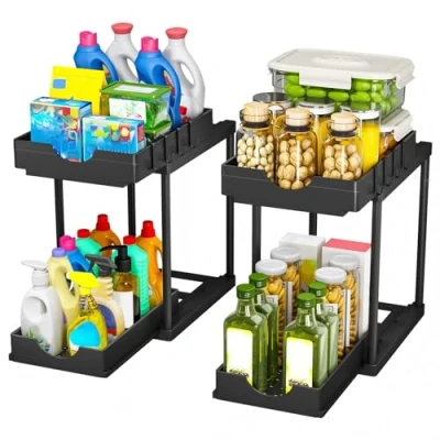 Abbildung von StowBin Küchen Organizer, 2 Pack Unter Waschbecken Regal mit 4 Haken, Spülschrank Badezimmer Schrank Ordnungssystem für Küche