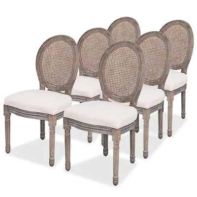 Abbildung von vidaXL Esszimmerstühle 6 STK., Esszimmerstuhl mit Rattan Rückenlehne, Essstuhl Küchenstuhl Holzrahmen, Stuhl für Esszimmer Küche, Polsterstuhl, Creme Stoff