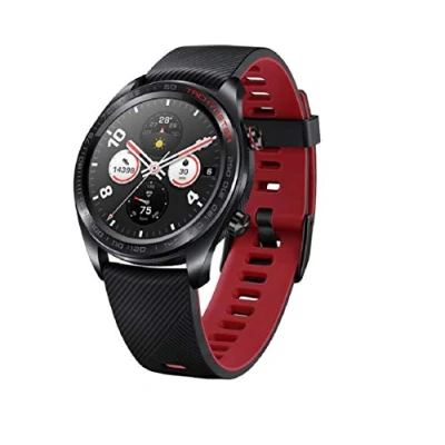Abbildung von HONOR Smartwatch im klassischen Uhrendesign mit 3 cm (1,2 Zoll) AMOLED Display, Meteorite Black + Rotes Silikon