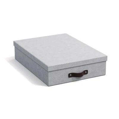 Abbildung von Bigso Box of Sweden OSKAR Dokumentenbox für A4 Papier, Broschüren usw. Schreibtischablage mit Deckel und Griff Aufbewahrungsbox aus Faserplatte Papier in Leinenoptik hellgrau
