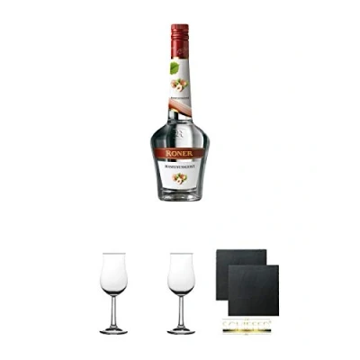 Abbildung von Roner Haselnussgeist Südtirol Italien 0,7 Liter + 2 Bugatti Nosing Gläser mit Eichstrich 2cl und 4cl Schiefer Glasuntersetzer eckig ca. 9,5 cm Ø