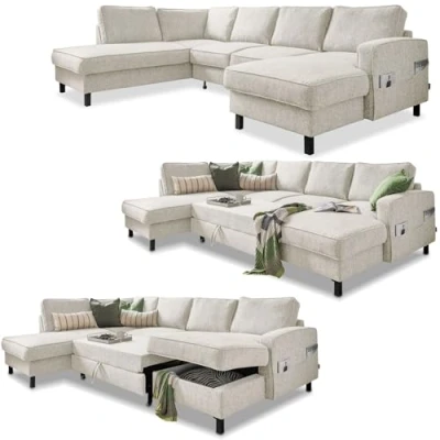 Abbildung von MIUFORM Wohnlandschaft U Form, Ecksofa Beige mit Schlaffunktion und Bettkasten, Sofa Form Schlaffunktion, Big XXL Couch (Links)
