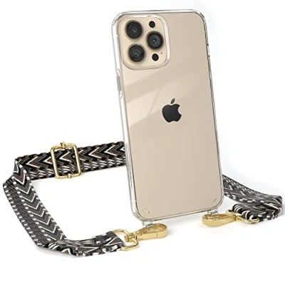 Abbildung von EAZY CASE Handykette Verstellbarer Gurt kompatibel mit iPhone 13 Pro Max, Schulterriemen, Flache Kordel, Handykordel Hülle, Hülle Kette, Grau/Schwarz Metall Gold