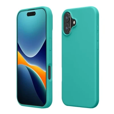 Abbildung von kwmobile Hülle kompatibel mit iPhone 16 Plus Silikon Handy Case Handyhülle weiche Oberfläche kabelloses Laden Türkis