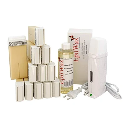Abbildung von EpilWax Royal Complete Epilation Kit mit: Professioneller Wachswärmer 12 Roll On Wachs 100 ml Weiß, Epilierstreifen, 1 Flasche mit 250 Öl nach der (Royal Weiße Serie 12)