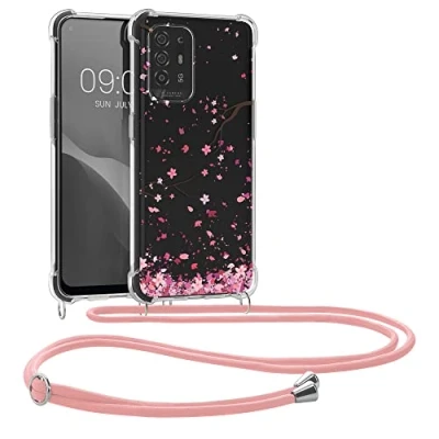 Abbildung von kwmobile Necklace Case kompatibel mit Oppo A94 (5G) Hülle Silikon Cover Handykette Rosa Dunkelbraun Transparent Kirschblütenblätter