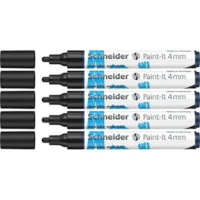 Abbildung von Schneider 120201 Paint It Acrylstifte (mit 4 mm Rundspitze, hochdeckende Acrylfarben für Holz, Leinwand, Stein uvm.) 5er Pack, schwarz
