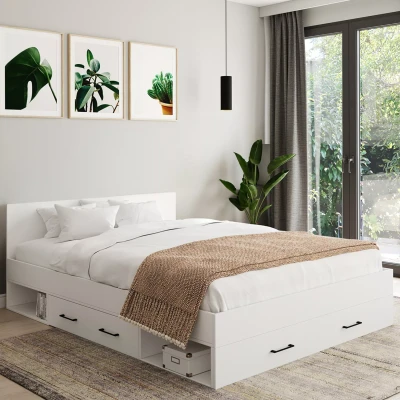 Abbildung von IDMarket Doppelbett Minea 140 x 190 cm mit Kopfteil + Schubladen Nischen zur Aufbewahrung und Lattenrost, weiß