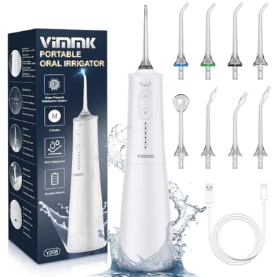 Abbildung von Munddusche Kabellos Elektrischer Zahnreiniger,Vimmk Zahndusche Water Flosser 5 Modi&amp; 8 Düsen USB C Wiederaufladbare Wasser IPX7 Wasserdicht (White)