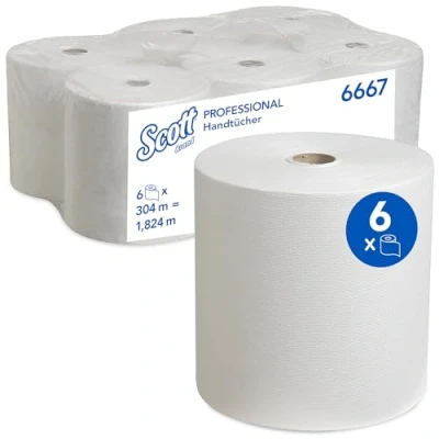 Abbildung von Scott gerollte Papierhandtücher 6667 Rollenhandtuch für Spender 6 x 304 m Papierhandtuchrollen Weiß, 1 lagig, besonders saugfähig und reißfest