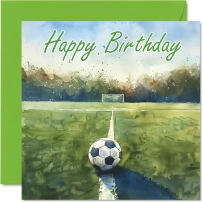 Abbildung von Stuff4 Geburtstagskarten für Frauen und Männer Aquarell Fußball Happy Birthday Karte Mama, Vater, Bruder, Schwester, Onkel, Tante, Cousin, Großvater, Nanny, Freund, 145 mm x