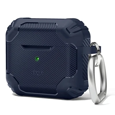 Abbildung von elago Solid Armor Hülle Kompatibel mit AirPods 3 Case Cover Stoßdämpfendes Design, strapazierfähiges TPU Material, unterstützt kabelloses Laden, Ganzkörperschutz (Dunkelblau)
