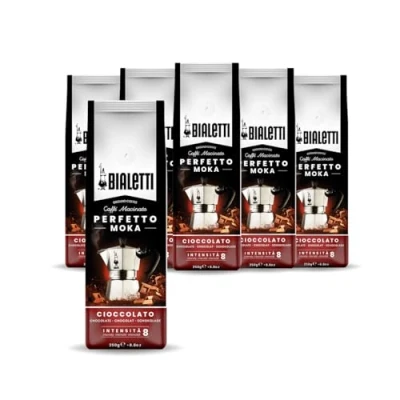 Abbildung von Bialetti Perfetto Moka Cioccolato: Gemahlener Kaffee mit mittlerer Röstung, Schokoladenaroma, 250g x 6, Beutel Aromaventil