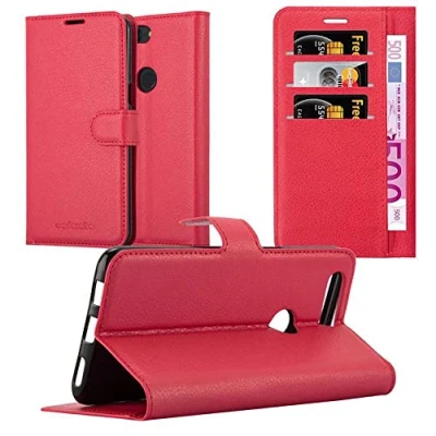 Abbildung von Cadorabo Hülle kompatibel mit OnePlus 5T Handyhülle aus Premium Kunst Leder Flip Klappbare Stoßfeste Magnetische [Standfunktion] [Kartenfächern] Cover für Tasche in Rot