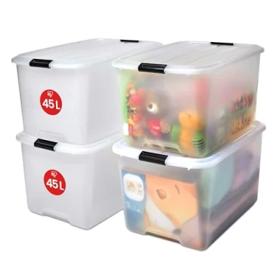 Abbildung von Iris Ohyama Aufbewahrungsbox mit Deckel, 45L, 4er Set, Transparent, Schnappverschlüsse Griffen, Stapelbar, Stark &amp; Langlebig, Für Kleidung, Garage, Zuhause, Büro, Plastikbox, Lagerung TB 45