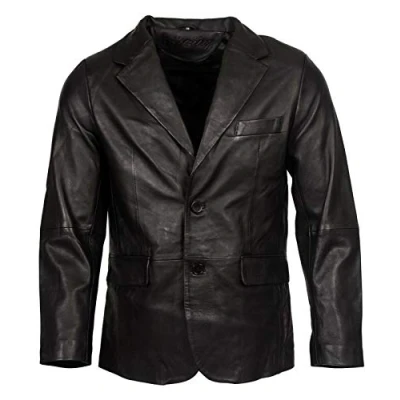 Abbildung von Infinity Leather Herren Klassisch Zugeschnitten 2 Taste Schwarz Blazer Weich 100% Lamm Lederjacke 5XL
