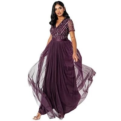 Abbildung von Maya Deluxe Damen Maxi Abendkleid Elegant Hochzeit V ausschnitt Brautjungfernkleid Empiretaillierung Elega Bridesmaid Dress, Berry, 40 EU